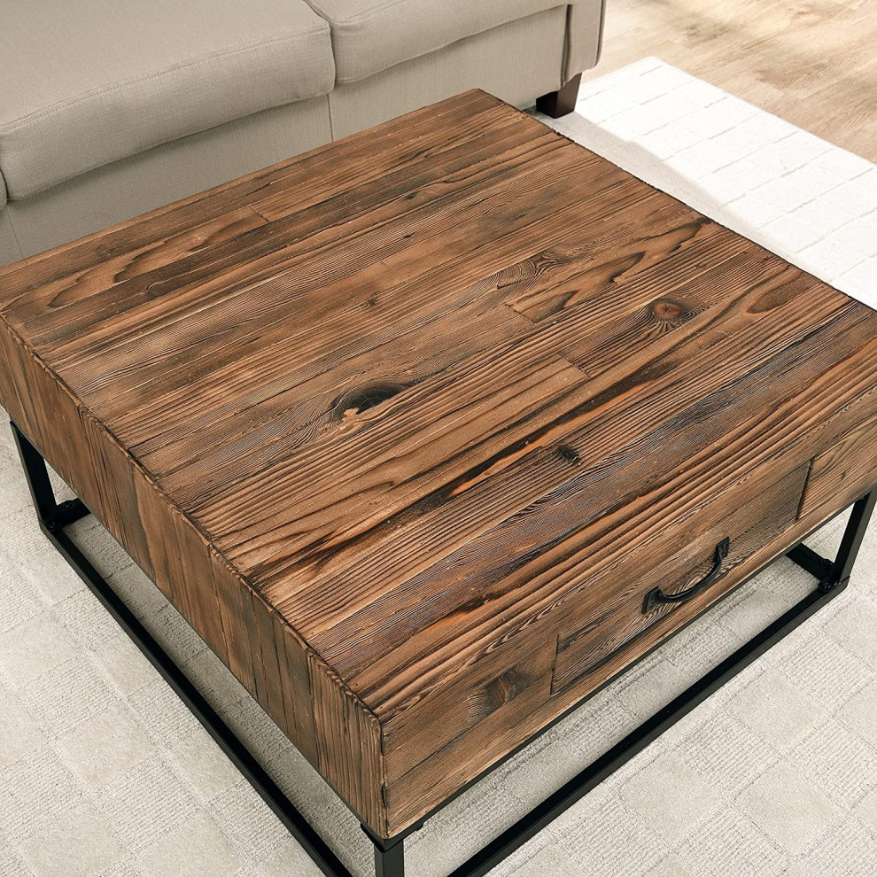 Industrial Coffee Table  Metal Frame With Drawer  ampPlank Top  Rustic Natural   Transitional   Coffee Tables   by Declusia  Houzz