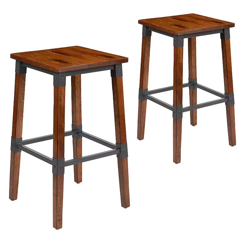 Flash Furniture Rustic Antique Walnut Industrial Wood Bar Stool 2-Piece Set