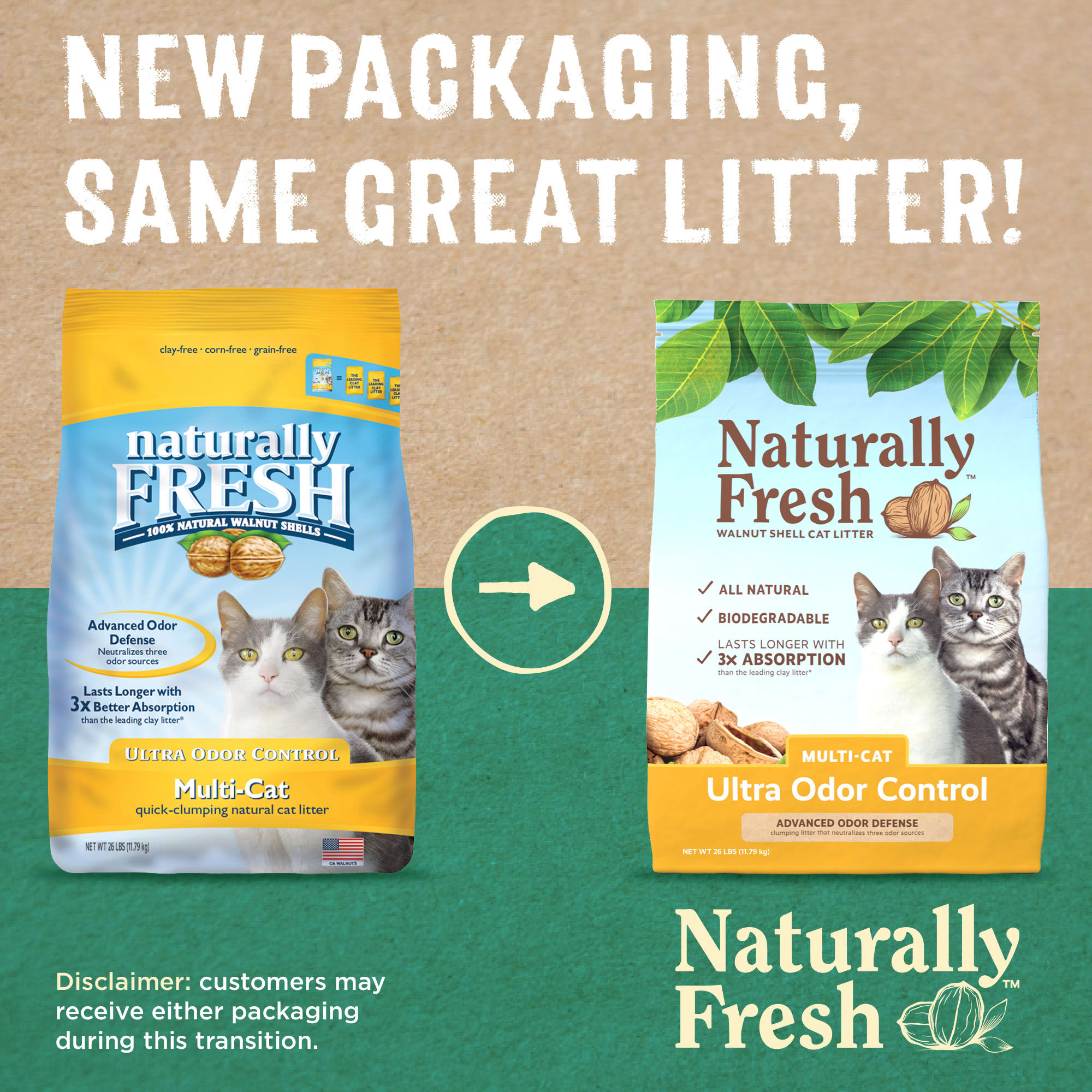 Naturally Fresh Ultra Odor Control Quick-Clumping Natural Multi-Cat Walnut Cat Litter， 26 lbs.