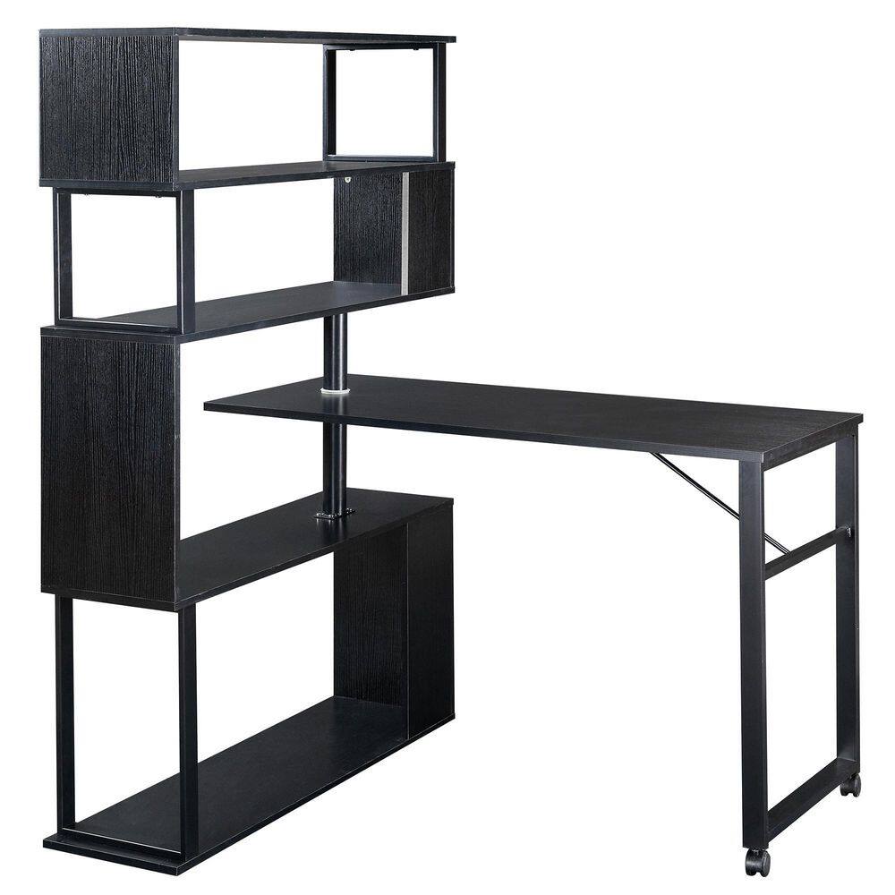 Polibi 47.20 in. Retangular Black Rotatable L-Shaped Corner Home Office Computer Desk with 5-Tier Bookshelf and Casters RS-472RRLCD-BK