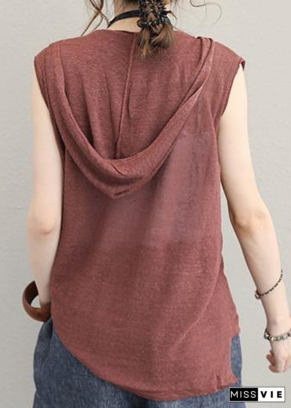 Organic brown cotton clothes For Women sleeveless short hooded blouse