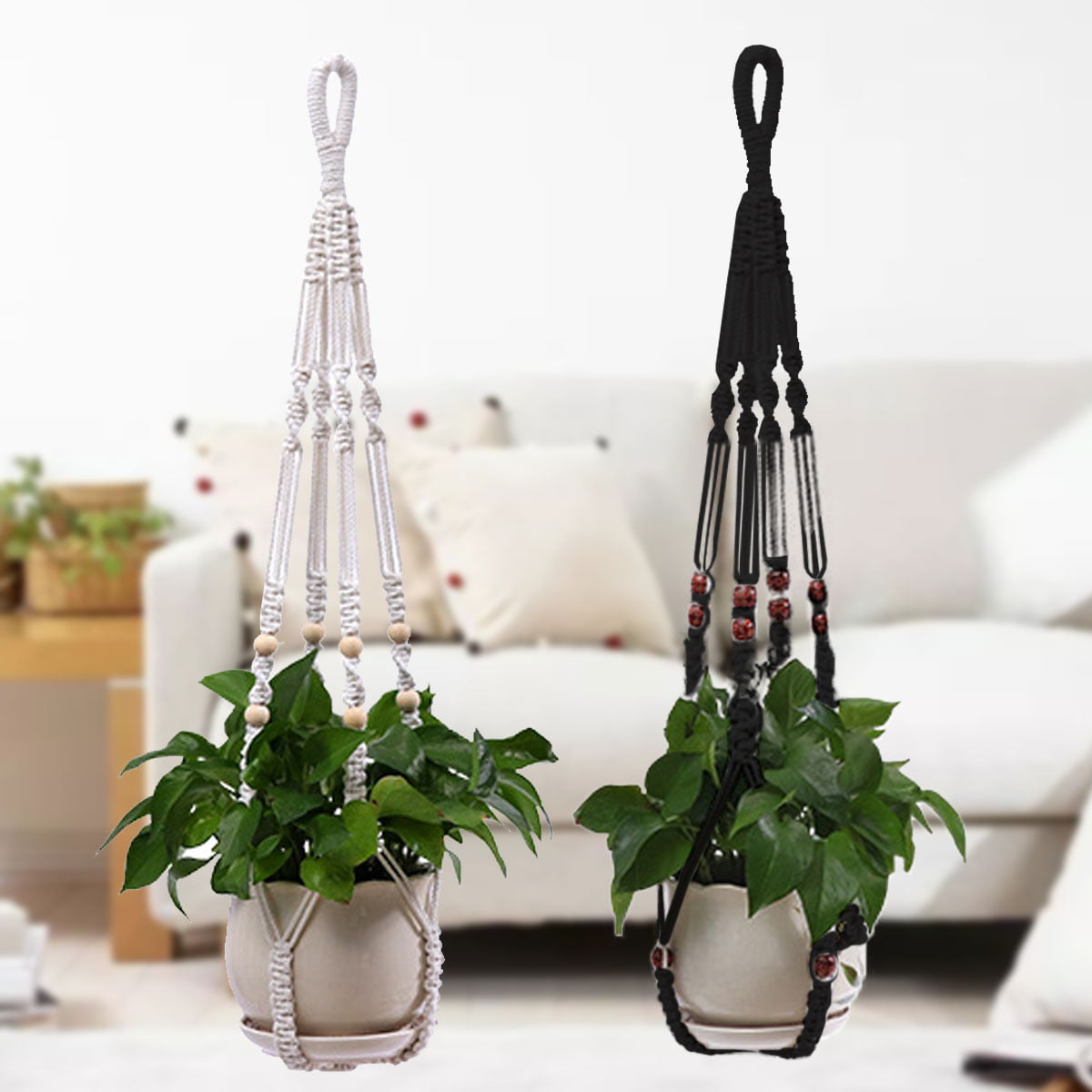 HOTBEST Macrame Plant Hangers and 2 PCS Hook, Indoor Outdoor Handmade Cotton Rope Hanging Planters Set with Wood Beads Decorative Macrame Plant Hanger for Home Decor