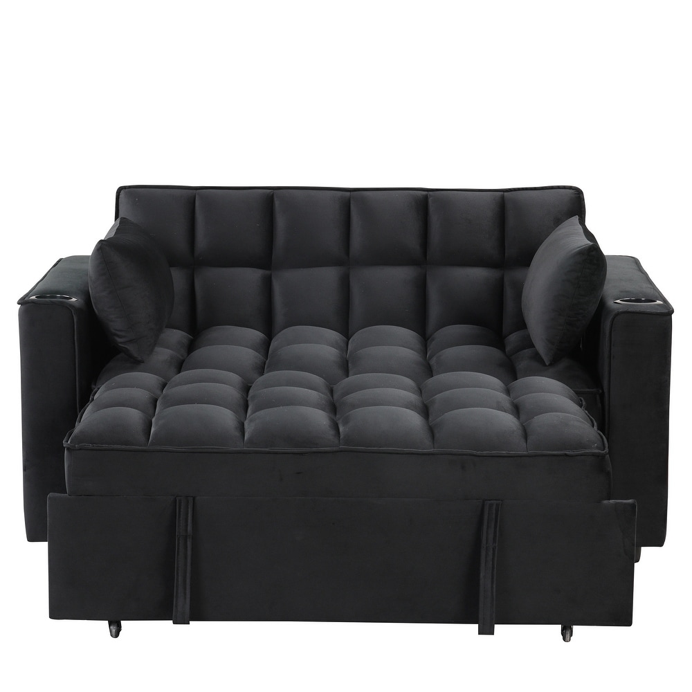 Velvet Upholstered Sofa Bed Convertible Sleeper Sofa with Cup Holder and USB Port   Perfect for Living Rooms and Apartments