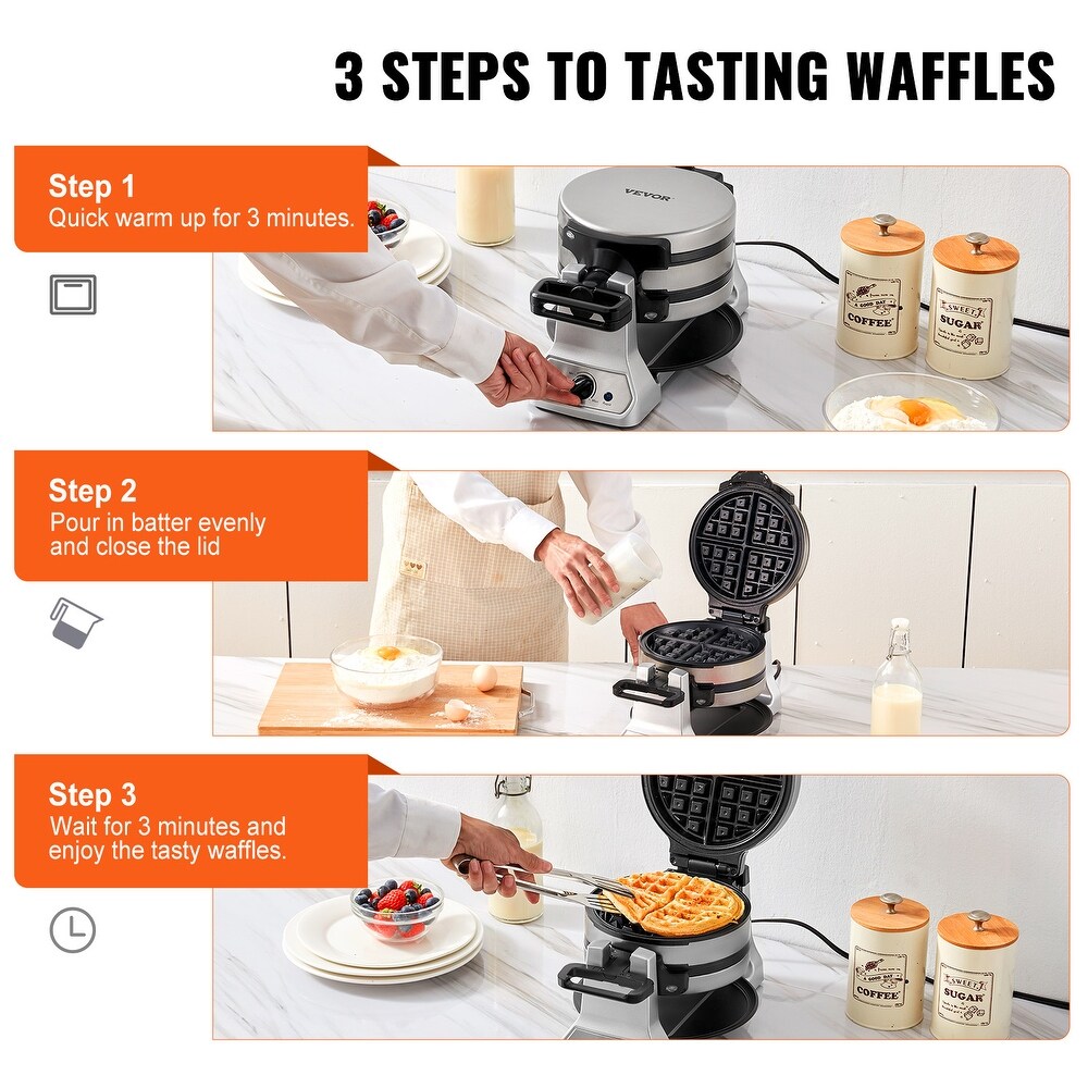 VEVOR 2 Layer Waffle Maker 2 Pieces 1400W Round Waffle Iron Non Stick with 122 572�H Temp Stainless Steel Body 120V