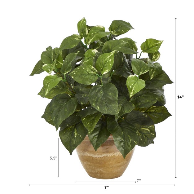 Nearly Natural 14-in Pothos Artificial Plant In Ceramic Planter