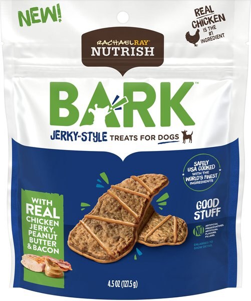 Rachael Ray Nutrish Bark Real Chicken Jerky， Peanut Butter and Bacon Dog Treats， 4.5-oz pouch， case of 5