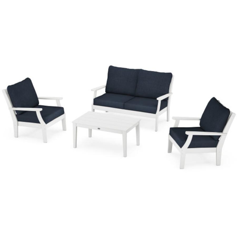 POLYWOOD Braxton 4-Piece Deep Seating Chair Set in White / Marine Indigo