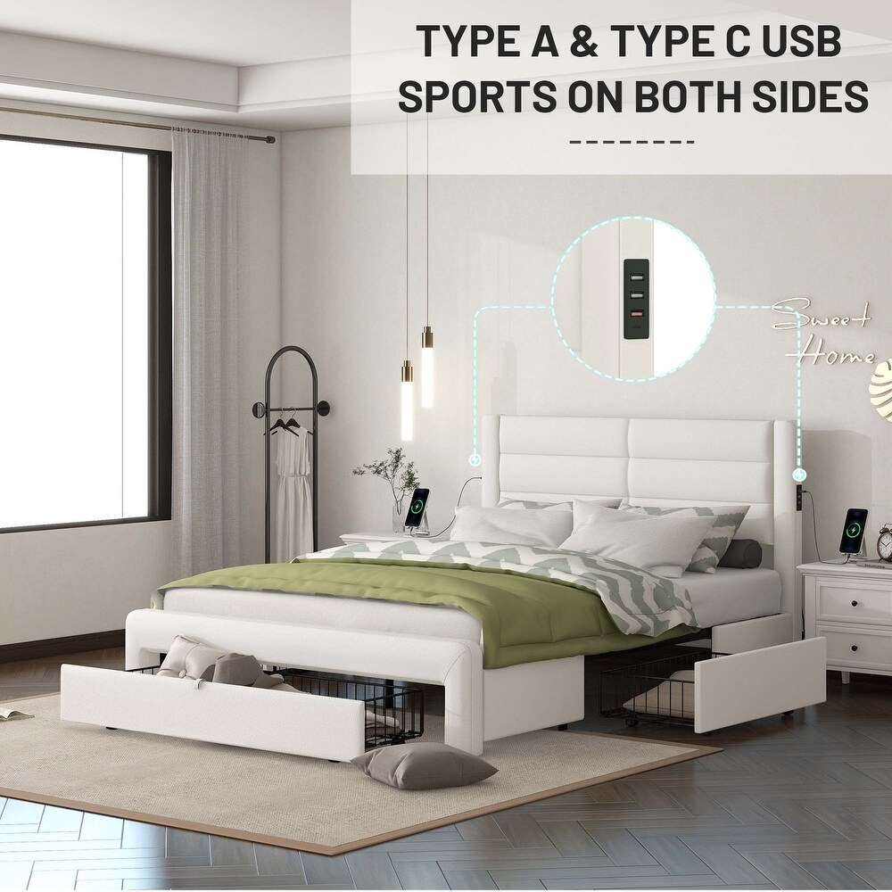 Queen Size Platform Bed Frame with Drawers Storage  Leather Upholstered Platform Bed Frame with Charging Station