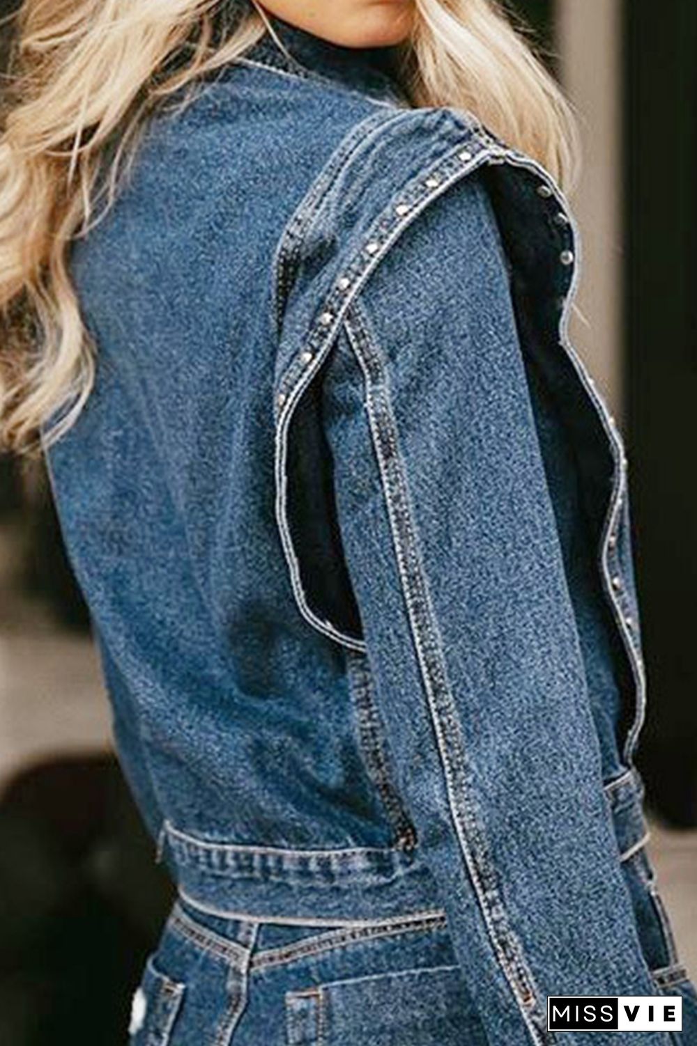 Turn Down Collar Beading Button Closure Denim Jacket Women Wholesale