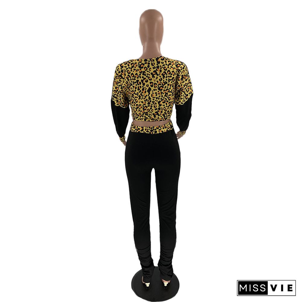 Spliced Leopard Print Crop Tops Pleated Pants Set