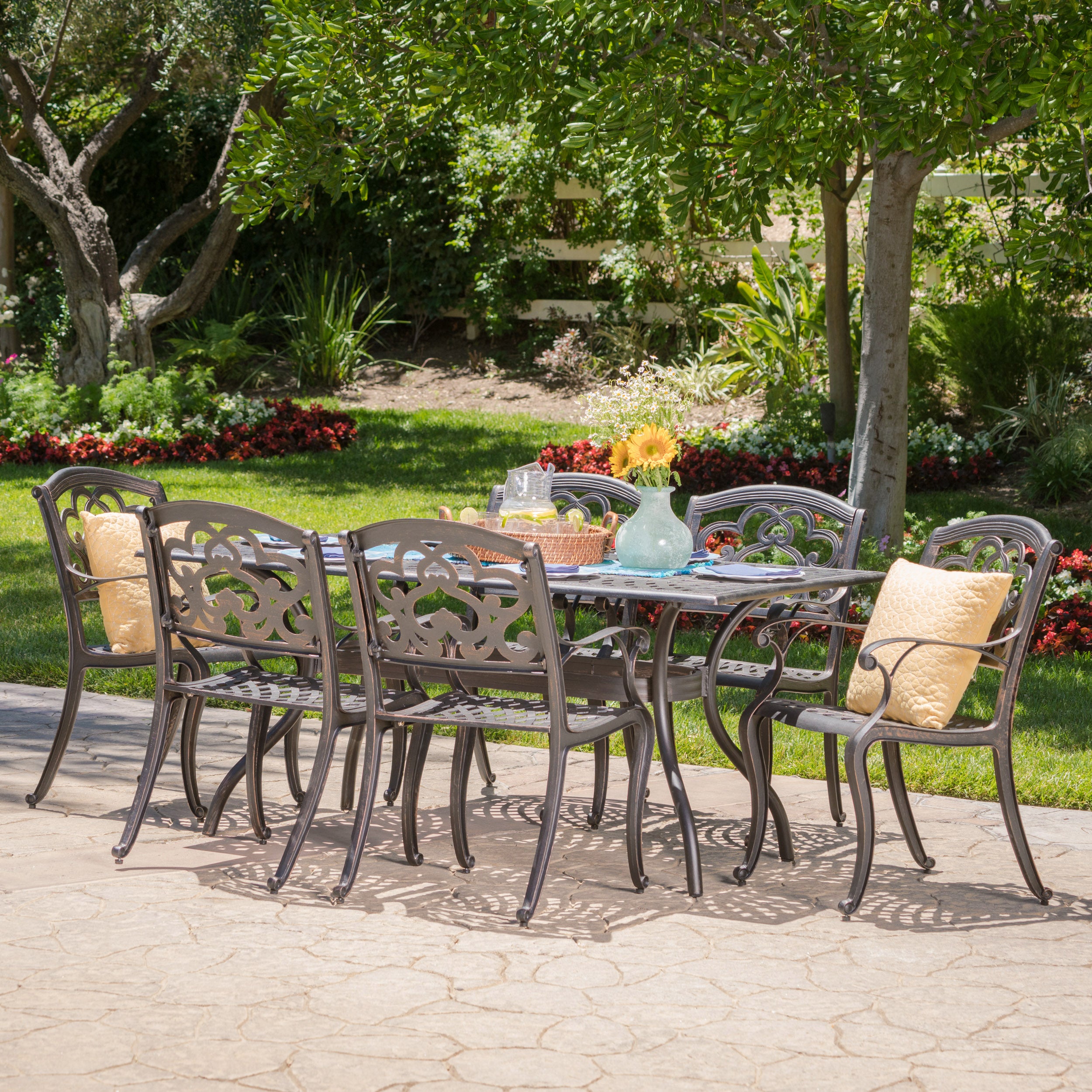 Carlton Outdoor 7 Pc Patina Copper Cast Aluminum Dining Set