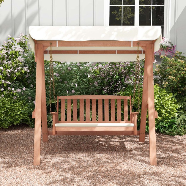 Costway Wood Porch Swing With Canopy Outdoor Patio 2 seat Swing Bench With Cushions Backyard