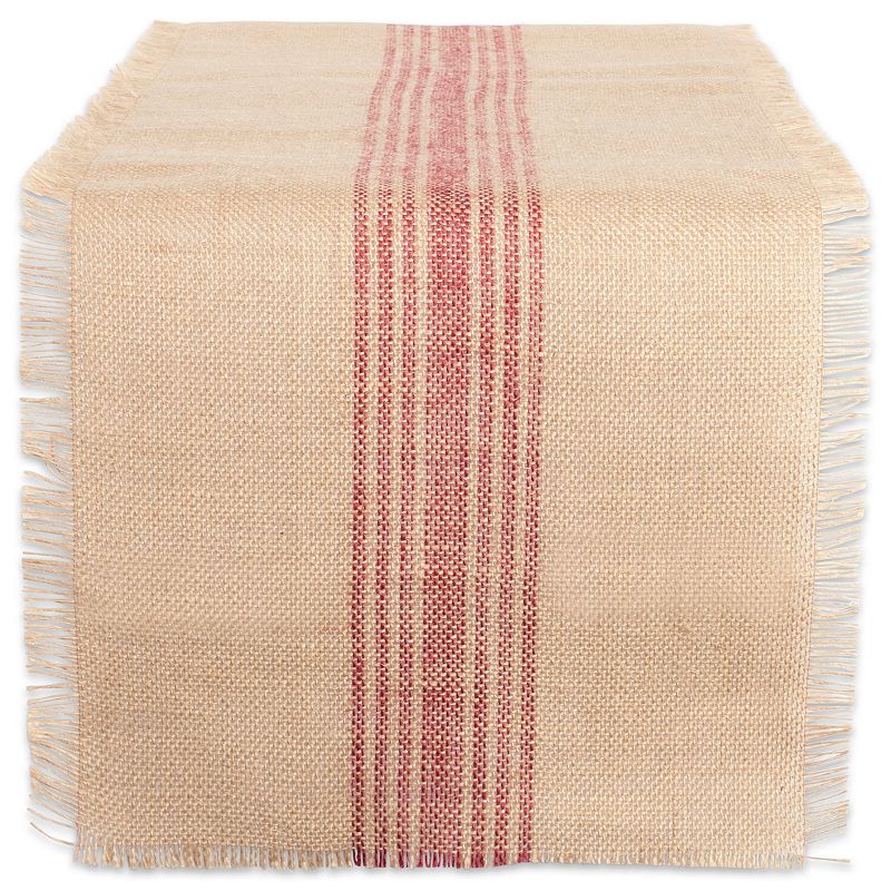 14 x 72 Brown and Barn Red Middle Stripe Border Burlap Table Runner