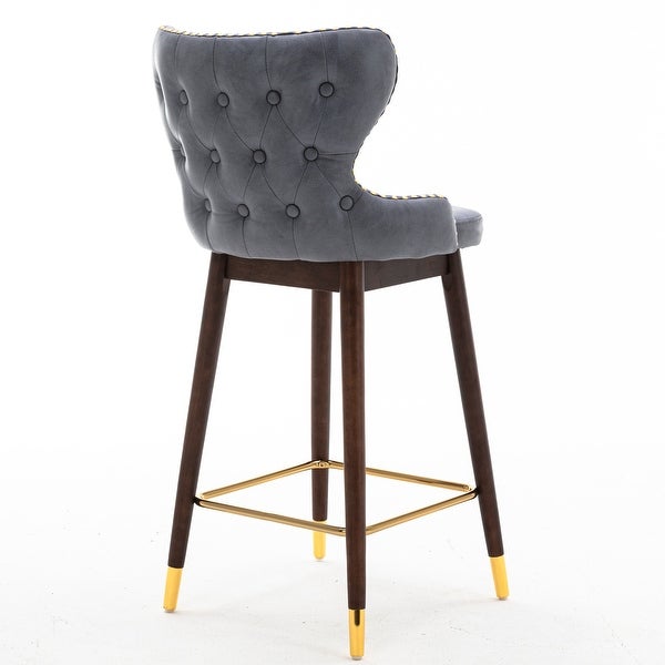 Modern Leathaire Fabric Bar Chairs with Tufted Gold Nailhead Trim Bar Stools and Footrest Set of 2 for Restaurant， Bistro