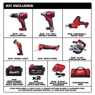 MW M18 18V Lithium-Ion Cordless Combo Kit (6-Tool) Kit w(2) 3.0Ah Batteries  6.0Ah Battery 2691-26-48-11-1865