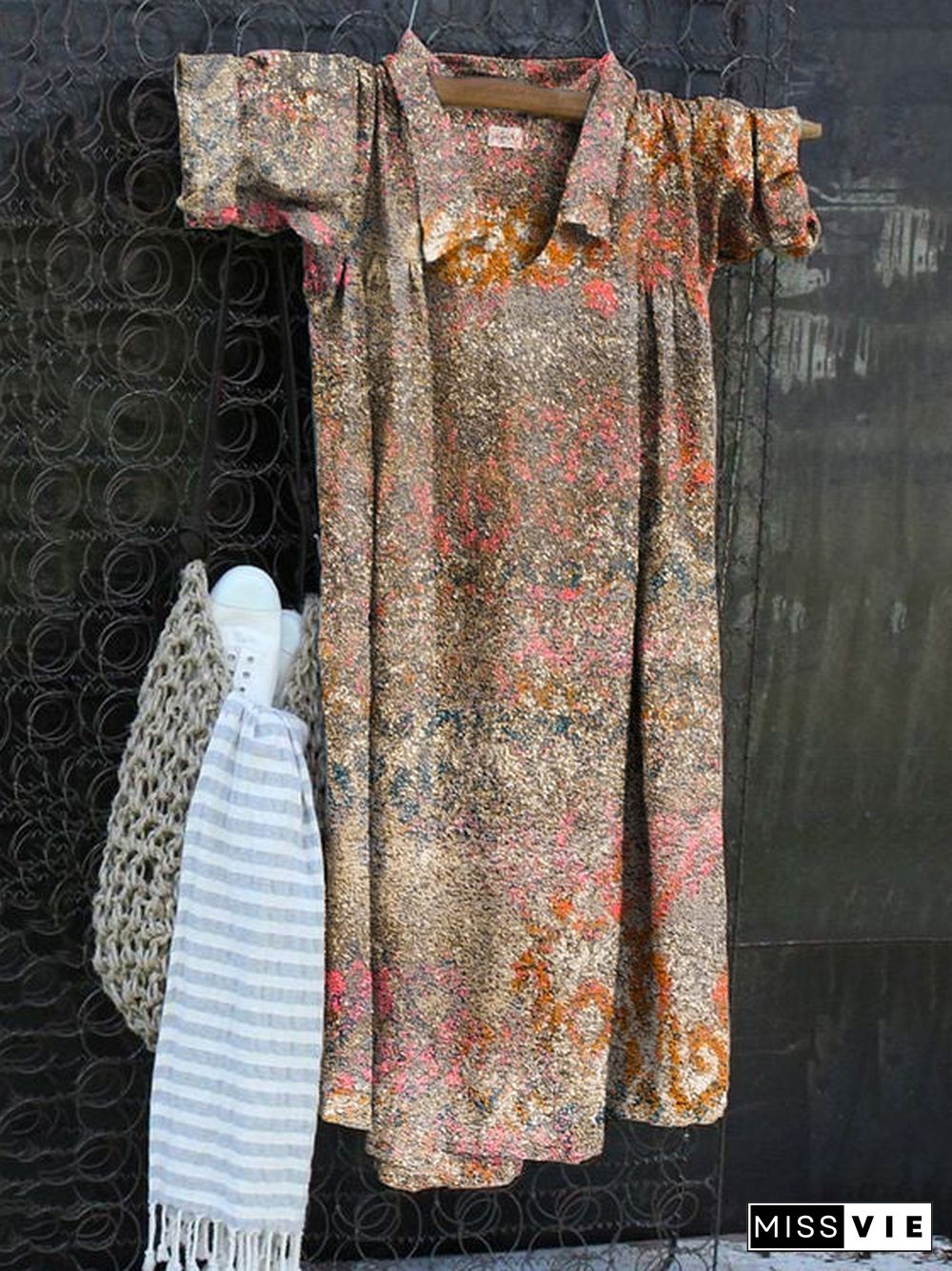 Vintage Print V-Neck Cotton Linen Loose Long Sleeve Dress