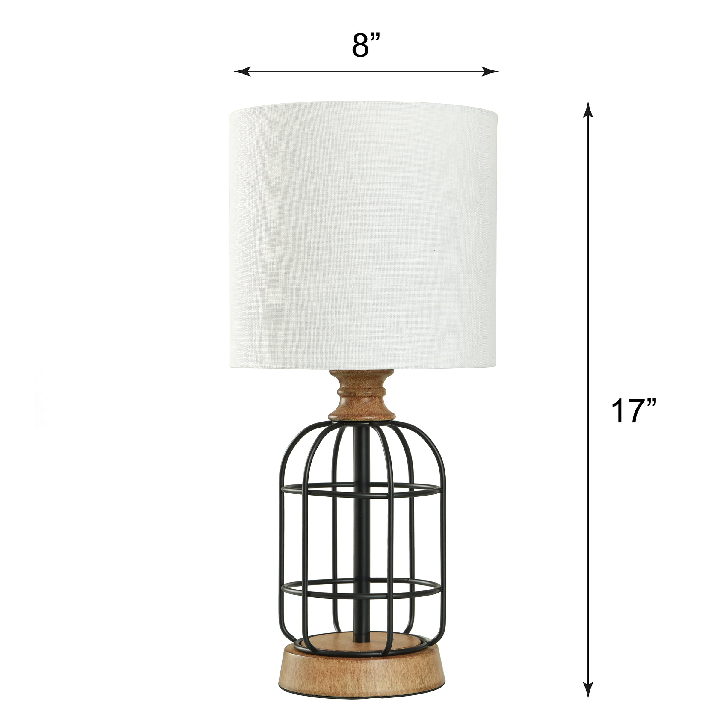 Mainstays Black Metal Cage Table Lamp with Wood Accents and Drum Shade， bulb included， 17