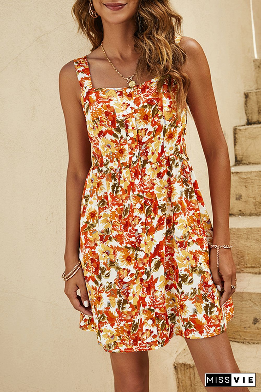 Button Down Spaghetti Strap Floral Dress