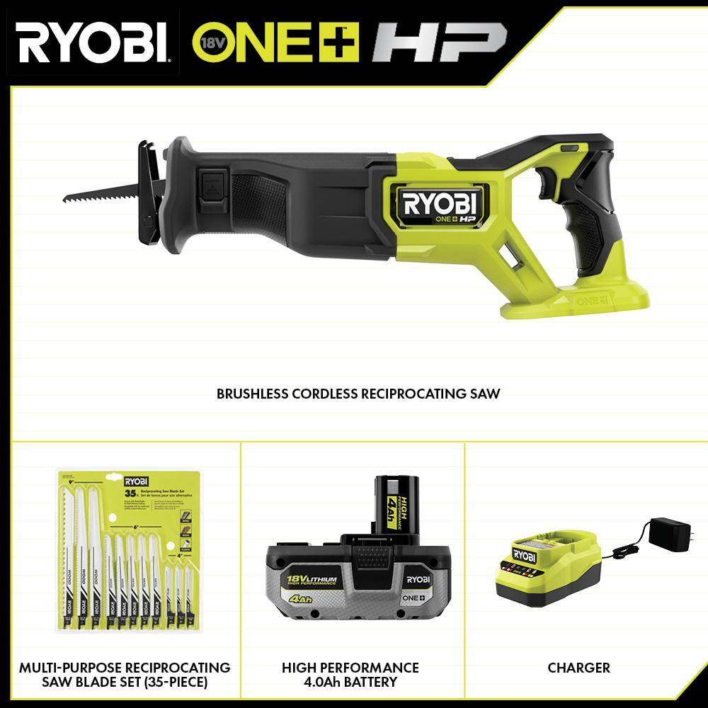 RYOBI ONE+ HP 18V Brushless Cordless Reciprocating Saw Kit with 4.0Ah Battery Charger  Reciprocating Saw Blade Set (35Piece) PBLRS01K1-A233501