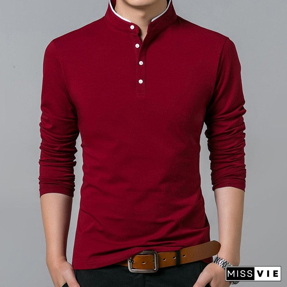 Liseaven T-Shirt Men Cotton T Shirt Full Sleeve tshirt Men Solid Color T-shirts tops&tees Mandarin Collar Long Shirt