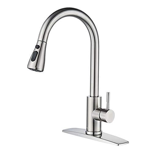 FORIOUS Kitchen Faucet with Pull Down Sprayer Brushed Nickel， High Arc Single Handle Kitchen Sink Faucet with Deck Plate， Commercial Modern rv Stainless Steel Kitchen Faucets， Grifos De Coci