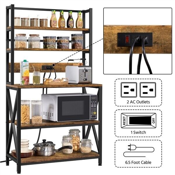 5-Tier Kitchen Bakers Rack with Power Outlet Microwave Stand Coffee Bar Station