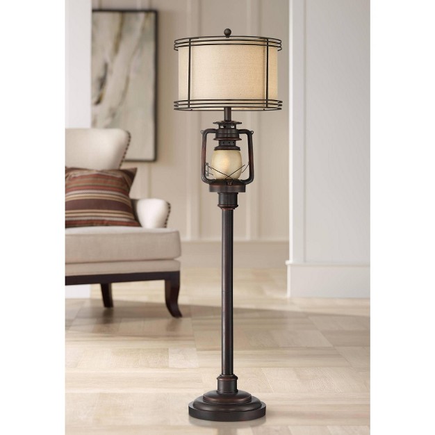 Tall Bronze With Led Nightlight Earthy Fabric Drum Shade For Living Room Bedroom Office House Home