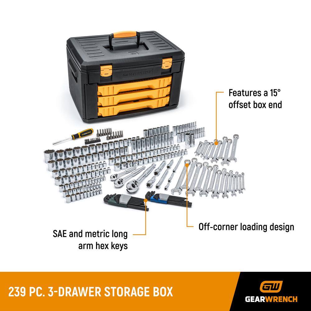 GEARWRENCH 14 in. 38 in. and 12 in. Drive Standard and Deep SAEMetric Mechanics Tool Set in 3-Drawer Storage Box (239-Piece) 80942