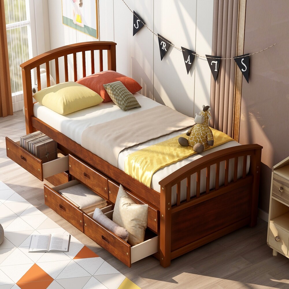 Twin Solid Wood Platform Storage Bed with 6 Drawers and Head FootBoard  Walnut