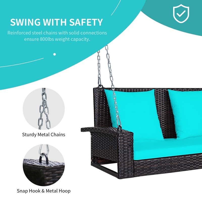 2-Person Rattan Wicker Outdoor Patio Hanging Porch Swing Bench Chair with Sturdy Steel Chain & Cushions