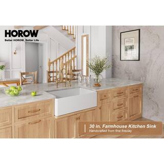 HOROW White Fireclay 30 in. x 20 in. Single Bowl Farmhouse Apron Front Kitchen Sink with Bottom Grid and Strainer HR-F3020