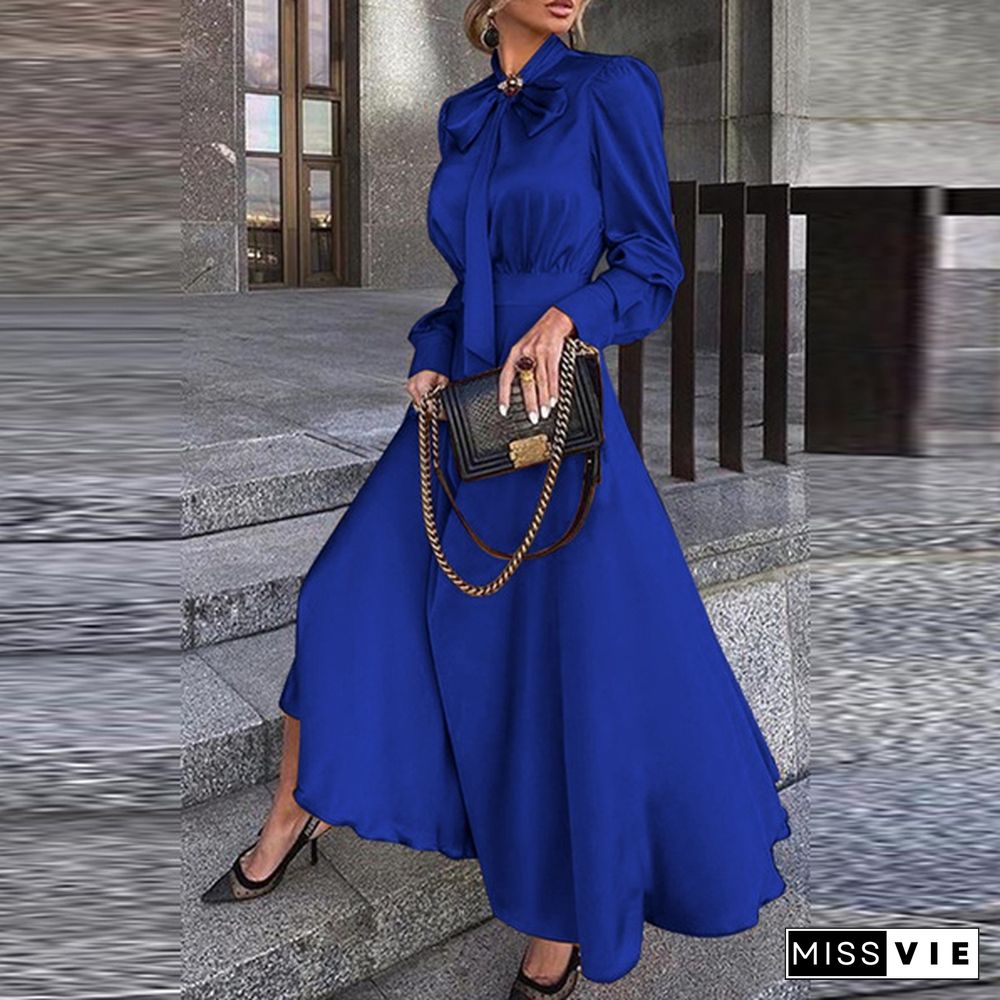 S-5Xl Women Long Sleeve Bow-Knot Crew Neck Solid Color High Waist Satin Maxi Dress Elegant Party Dress Kleid