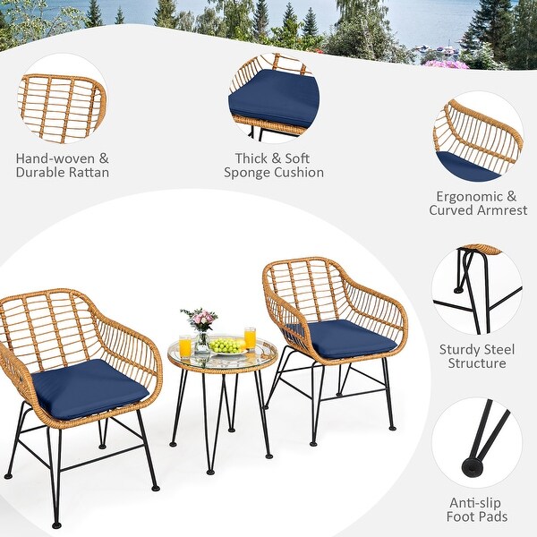 Costway 3PCS Patio Rattan Bistro Furniture Set Cushioned Chair Table