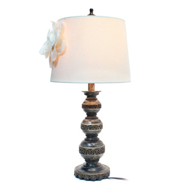 Aged Stacked Ball Table Lamp With Couture Linen Flower Shade White Elegant Designs