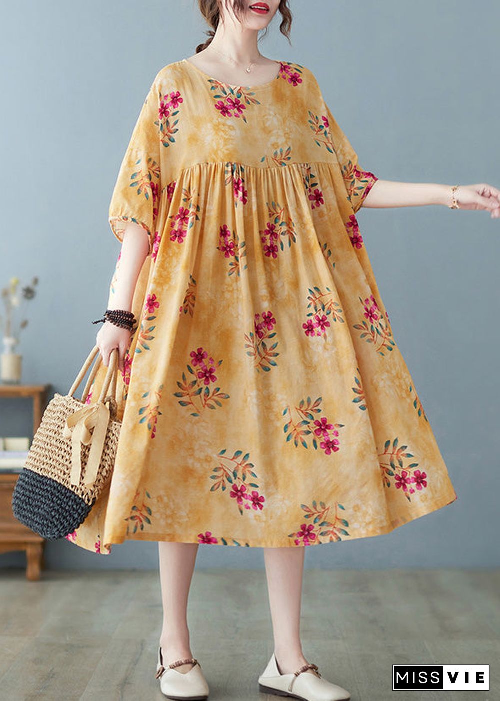 Cute Yellow Patchwork Print Cotton Holiday Maxi Dresses Summer