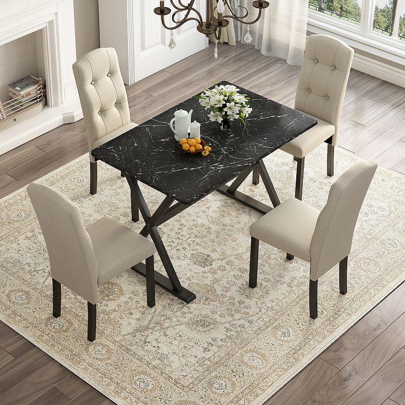 Solid Wood 5-Piece Dining Table Set with Faux Marble Tabletop and Upholstered Dining Chairs for 4