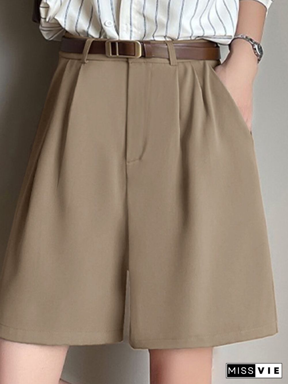 Women Solid Pocket Elastic Waist Back Wide Leg Shorts