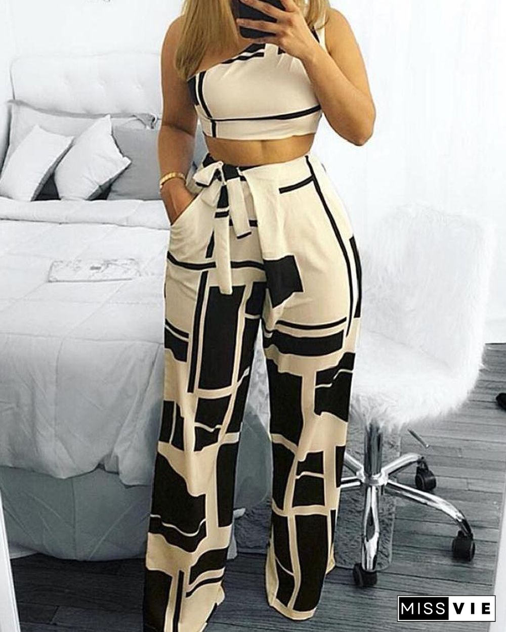 Colorblock One Shoulder Cropped Wide Pants Set P10968