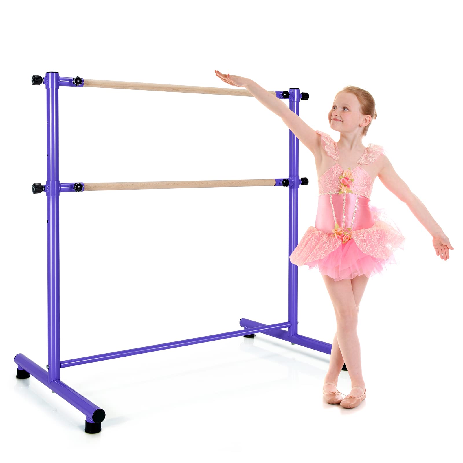 Costzon Portable Ballet Barre, 4FT Height Adjustable Double Wood Bar, Freestanding Fitness Dance Bar