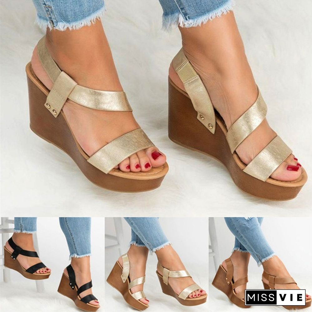 Bohemian Women Sandals Ankle Strap Straw Platform Wedges for Female Shoes Flock High Heels Cover Heel Sandal