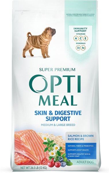 Optimeal Skin and Digestive Support Salmon and Brown Rice Recipe Medium and Large Breed Dry Dog Food