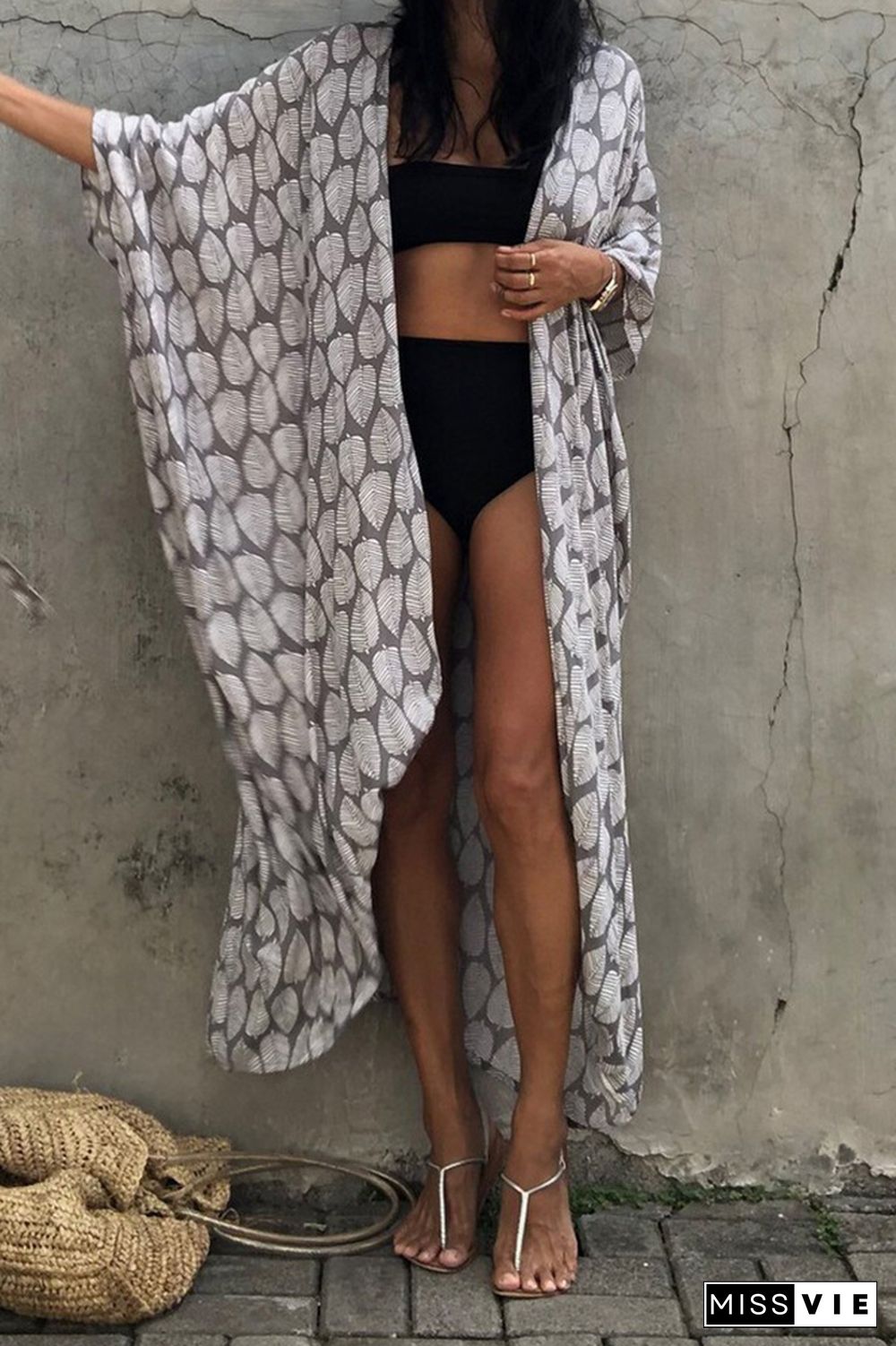 Front Open Leaf Printing Beach Cover Up