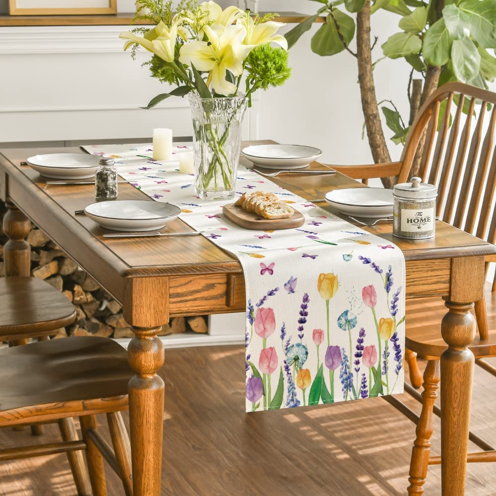 Artoid Mode Lavender Tulip Spring Table Runner for Dining Table 13 x 72 Home Kitchen Decor