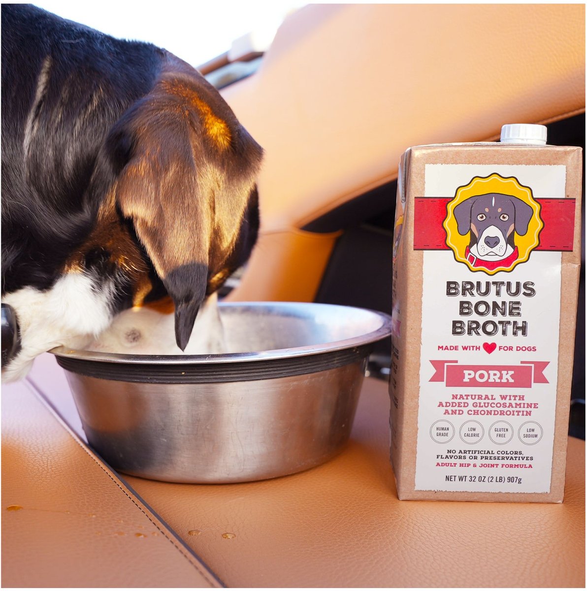 Brutus Broth Pork Flavored Grain-Free Bone Broth Dog Food Topping， 32-oz