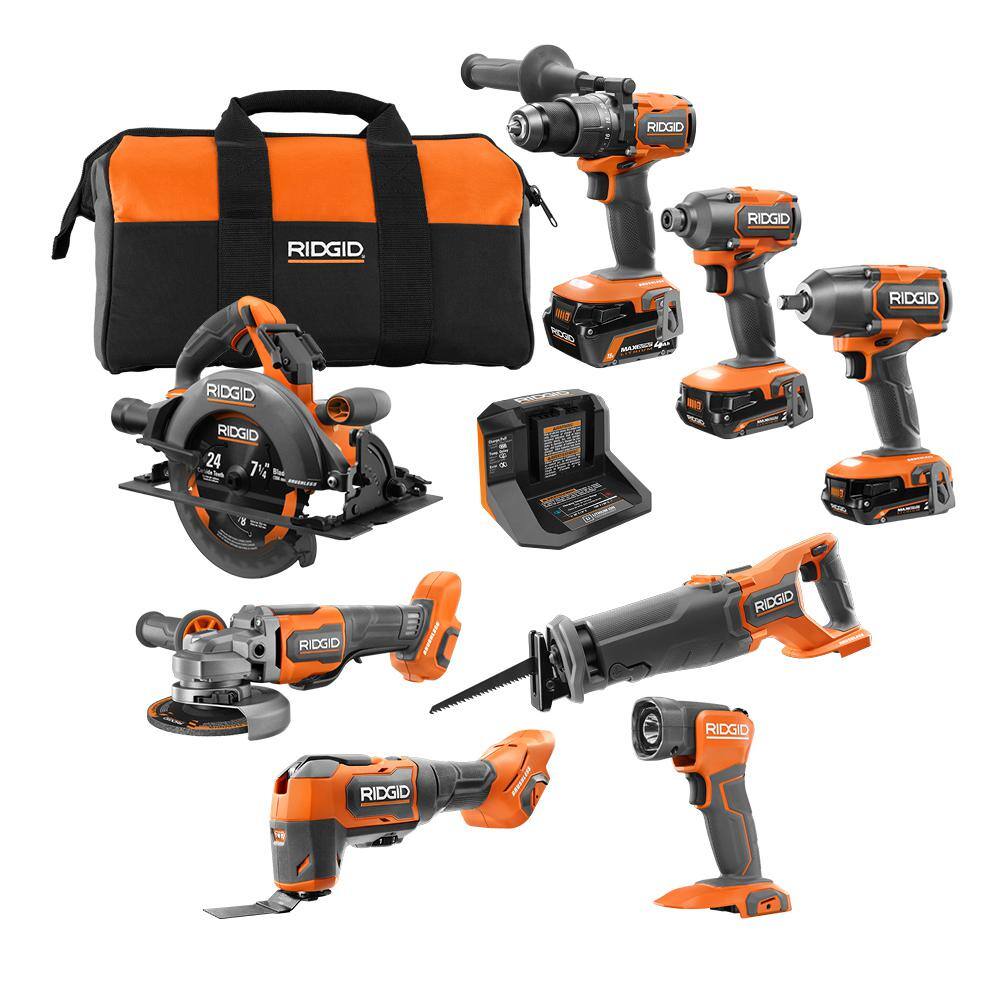 RIDGID 18V Brushless Cordless 8-Tool Combo Kit with (2) 2.0 Ah and (1) 4.0 Ah MAX Output Batteries and Charger R96264N