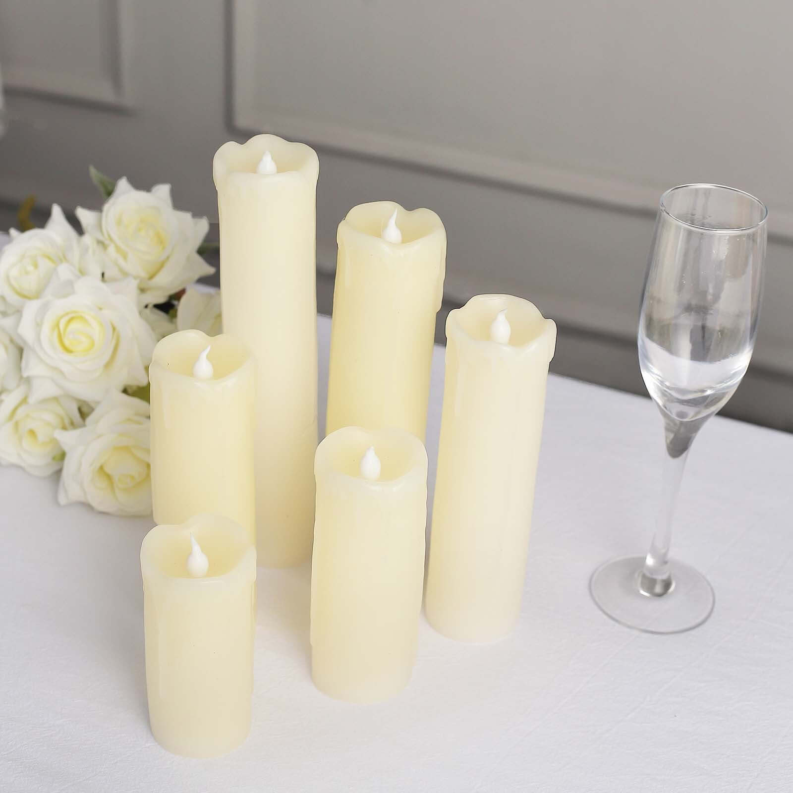 Set of 6 Warm White Flameless Flicker LED Drip Wax Pillar Candles, Battery Operated Luminaria Holiday Candles