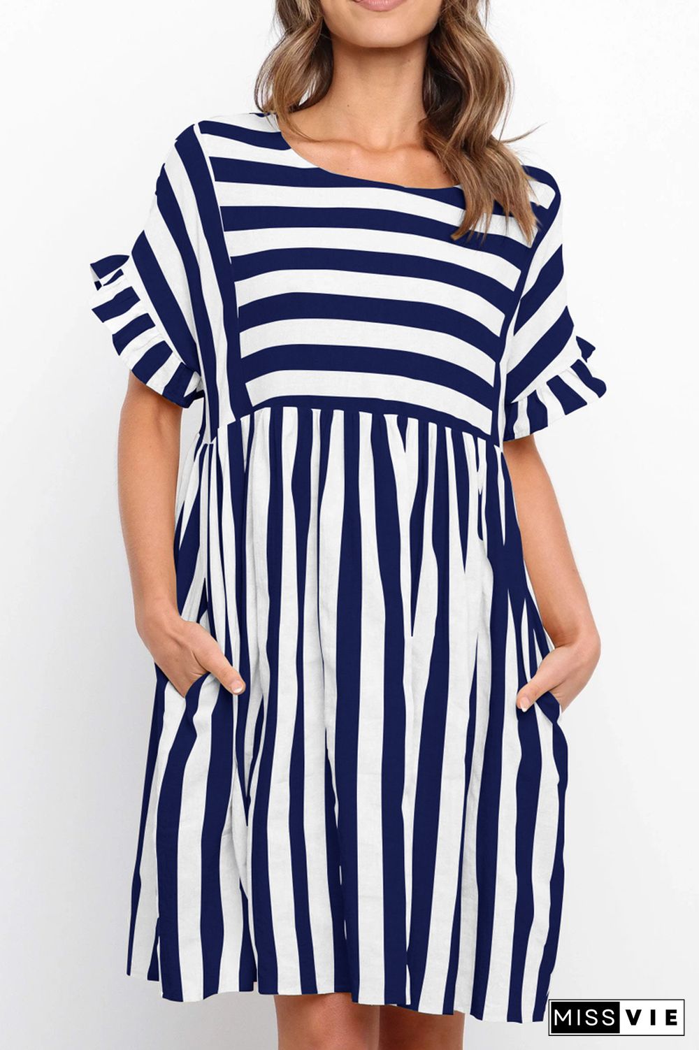 KarliDress Flounces Short Sleeved Stripes Mini Dress P12547