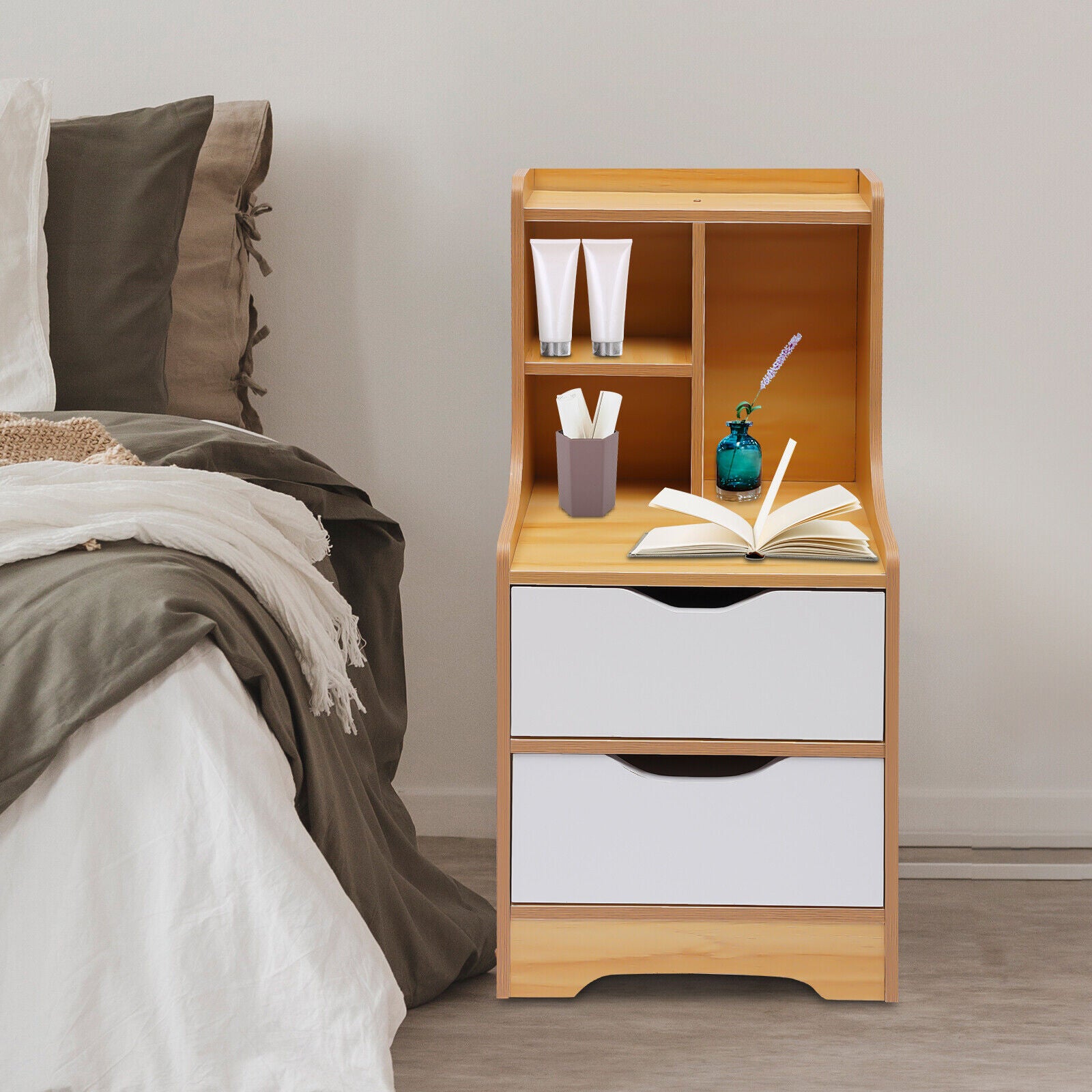 OUKANING Bedroom Nightstand Side Table Wooden End Table with 2 Drawers + Storage Shelf Wood Color