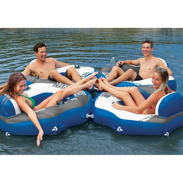 Intex River Run Single Person Inflatable Connecting Floating Lounge Tube Backrest Chair With Built in Cupholders And Mesh Bottom Blue