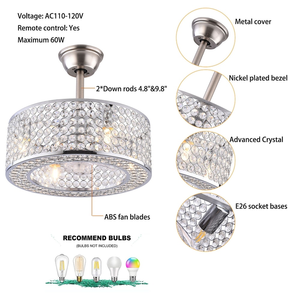 18'' Modern Silver Crystal Caged Invisible Ceiling Fan with Remote